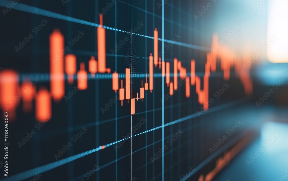A close-up of a digital stock market graph displaying fluctuating trends with orange lines on a dark background. A close-up of a digital stock market graph displaying fluctuating trends with orange lines on a dark background.