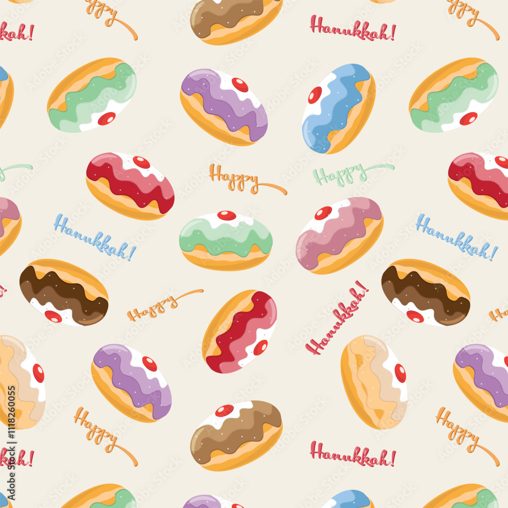 Seamless pattern of colorful jelly donuts with a Happy Hanukkah greeting Seamless pattern of colorful jelly donuts with a Happy Hanukkah greeting