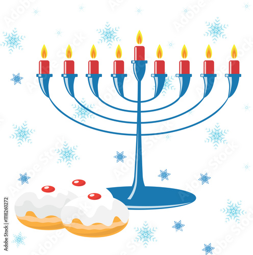 Blue traditional Hanukkiyah with two nine candles and frosted jelly donuts.