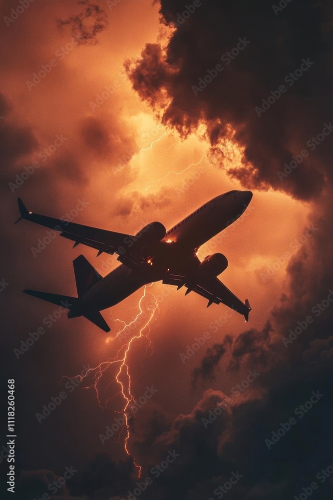 Airplane silhouette against a stormy sky with lightning. Airplane silhouette against a stormy sky with lightning.