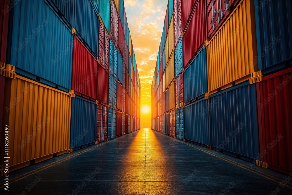 Fototapeta premium Colorful shipping containers form long rows at port. Sunrise light shines between containers creating pathway. International trade apparent in busy transport scene. Containers stacked high, represent