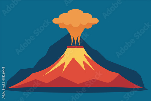 Vivid cartoon-style illustration of volcanic eruption with smoking Mount Etna, orange lava, and white ash clouds against a dark blue backdrop.
