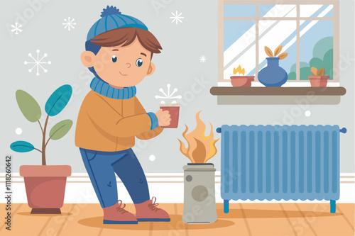 A boy in a cold room warms up by a small fire near a white radiator, looking out at snow. Cozy setting with a potted plant, hat, scarf, and jacket.