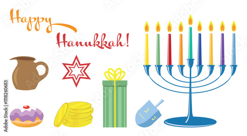 A collection of traditional Hanukkah symbols on a white background