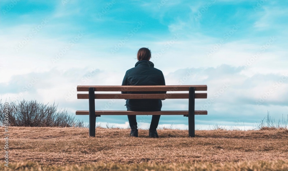 A person sitting alone on a bench, gazing at the open sky. A person sitting alone on a bench, gazing at the open sky.