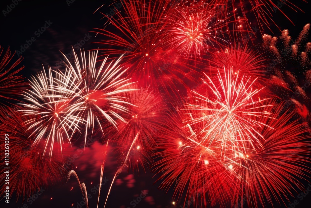 Obraz premium Vibrant red and white fireworks display at night