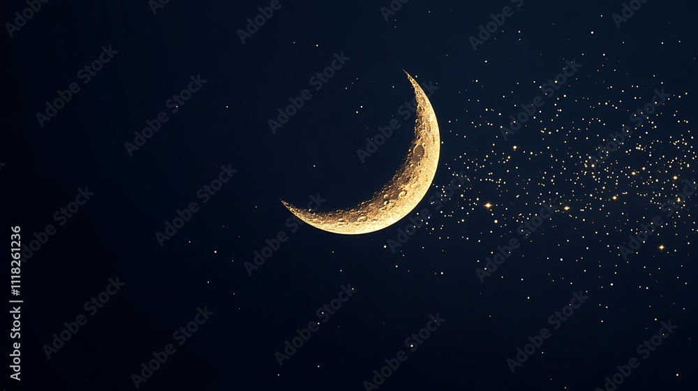 Fototapeta premium Magical golden crescent moon surrounded by sparkling stars and shimmering dust