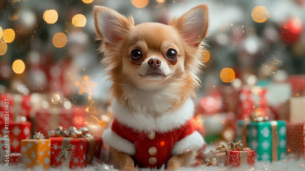 A festive Chihuahua wearing a Santa outfit sits amidst colorful Christmas presents, exuding holiday cheer. A festive Chihuahua wearing a Santa outfit sits amidst colorful Christmas presents, exuding holiday cheer.