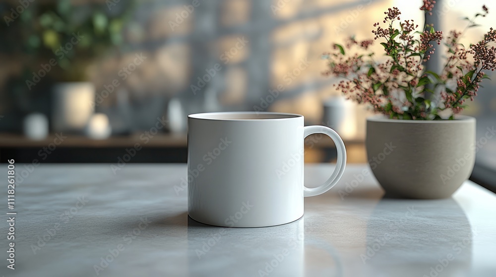Obraz premium White mug of coffee on marble table near plant.