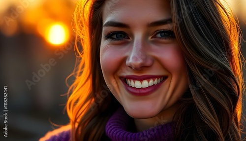 A smiling Caucasian woman wearing a purple sweater with a sunset backdrop