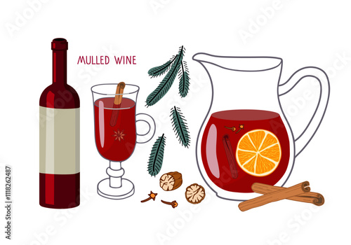 Mulled wine. Winter hot wine drink with spices isolated on white background. Glass Jar, wine bottle, drink glass. Mulled wine recipe. Orange fruit slice, cinnamon, clove, decorative fir-tree branch. 