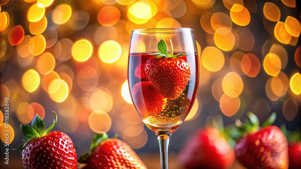 Sparkling Strawberry Wine, High Depth of Field, Elegant Drink, Vibrant Colors Sparkling Strawberry Wine, High Depth of Field, Elegant Drink, Vibrant Colors