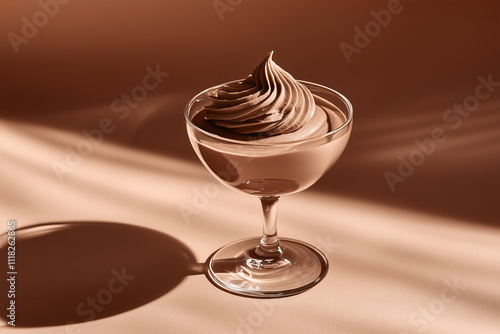 chocolate mousse served as a creamy swirl in a coupe glass muted mocha brown color on a muted mocha color background, 2025 color trend photo