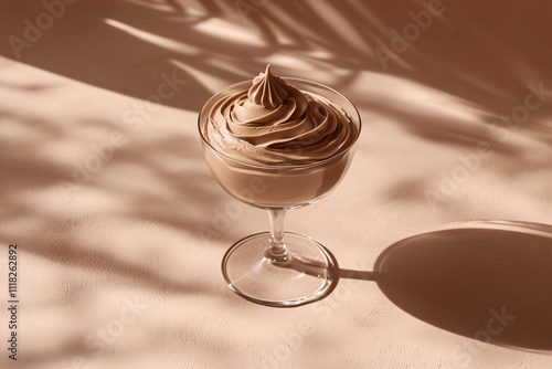 chocolate mousse served as a creamy swirl in a coupe glass muted mocha brown color on a muted mocha color background, 2025 color trend photo