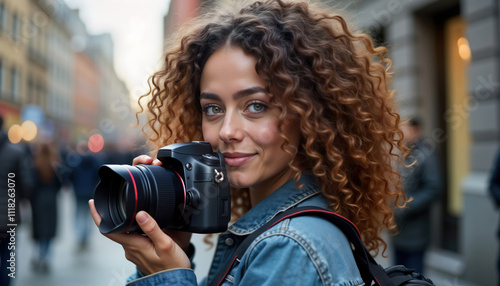 Curly-haired woman holds camera outdoors. Photographer in city street. Focused on capturing moment. Modern woman with passion for photos. Possible photojournalist freelancer. Lifestyle photo. Urban photo