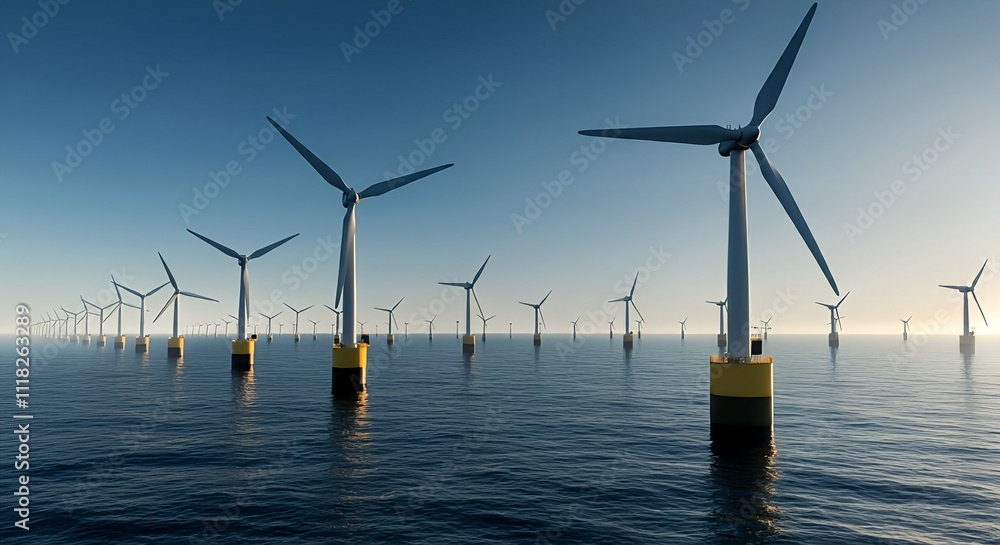 A floating wind turbine farm in the ocean, generating renewable energy for a futuristic society A floating wind turbine farm in the ocean, generating renewable energy for a futuristic society