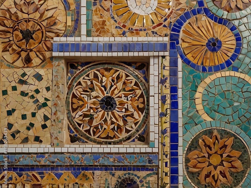 Intricate Mosaic Tilework Design Featuring Geometric and Floral Patterns Intricate Mosaic Tilework Design Featuring Geometric and Floral Patterns