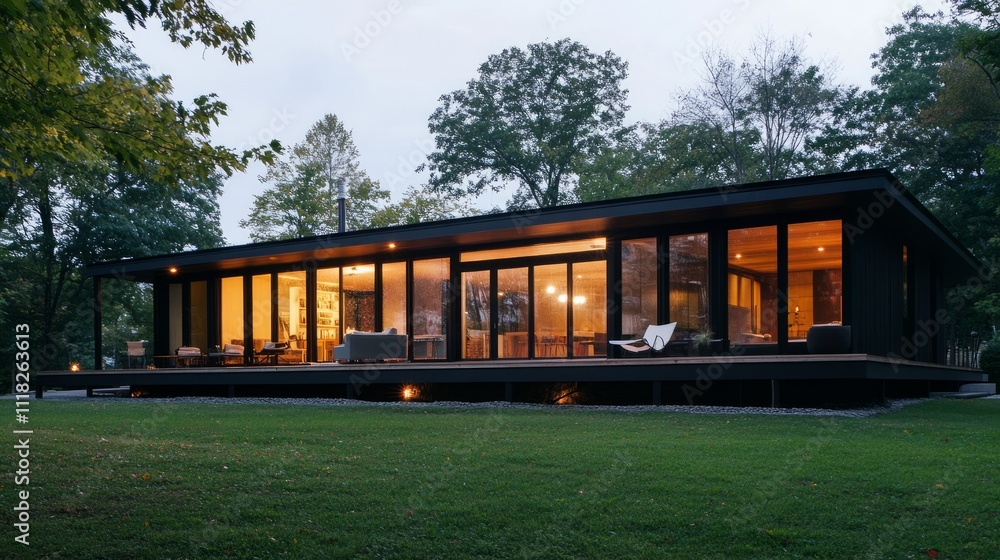 Fototapeta premium Modern black house with large windows and deck at dusk.