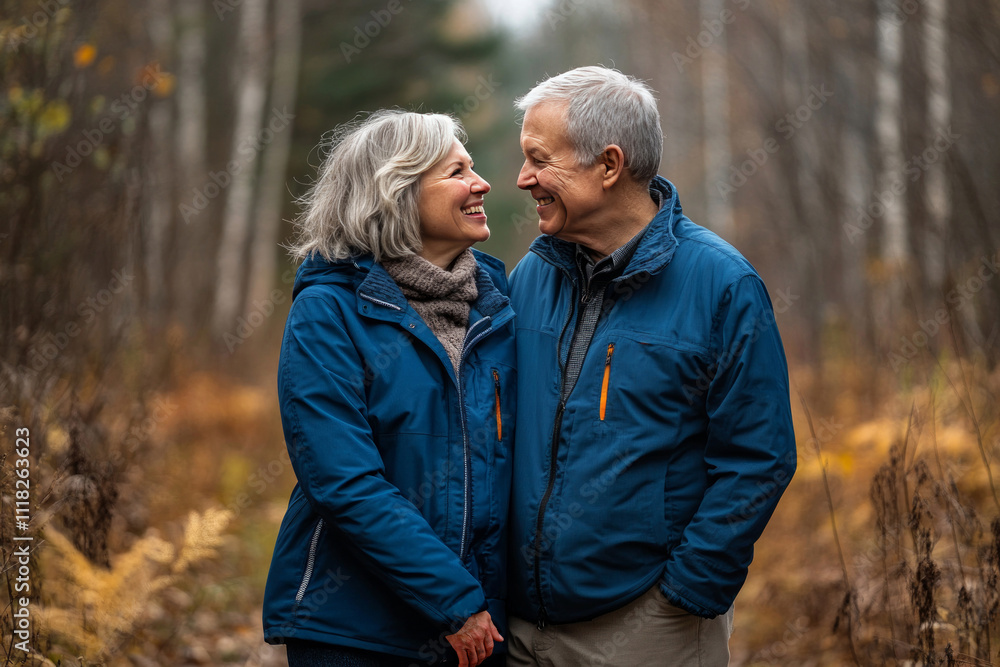 Happy couple smiling and enjoying a relaxing walk in autumn forest Happy couple smiling and enjoying a relaxing walk in autumn forest