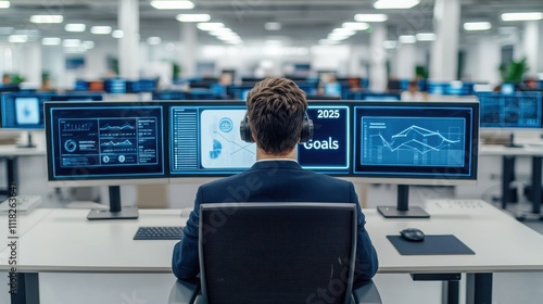 2025 Goals Setting With Vision And Strategy Concept. A person working with multiple screens in a modern office environment.