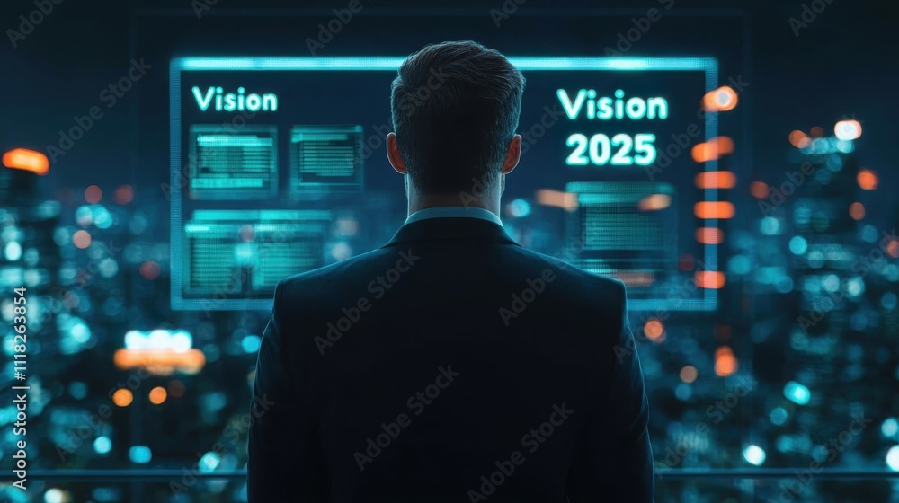 2025 Goals Setting With Vision And Strategy Concept. Business professional analyzing future vision on a digital display. 2025 Goals Setting With Vision And Strategy Concept. Business professional analyzing future vision on a digital display.