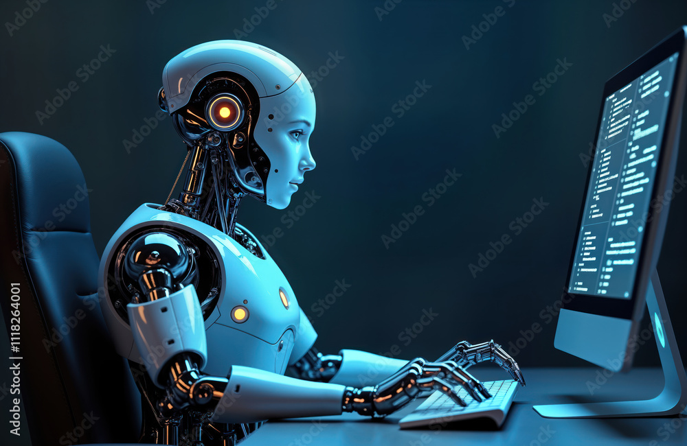 Futuristic robot sits at desk using computer. AI robot works on pc. Sci-fi illustration tech concept. Artificial intelligence, machine learning. Robot uses keyboard to type. Robot working in modern Futuristic robot sits at desk using computer. AI robot works on pc. Sci-fi illustration tech concept. Artificial intelligence, machine learning. Robot uses keyboard to type. Robot working in modern