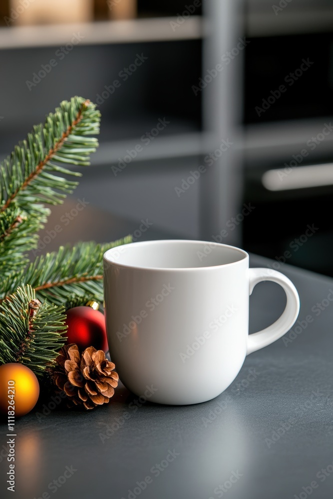 holiday coffee scene, a stylish coffee mug displayed on a contemporary kitchen surface, accented with festive ornaments and a cozy ambiance holiday coffee scene, a stylish coffee mug displayed on a contemporary kitchen surface, accented with festive ornaments and a cozy ambiance