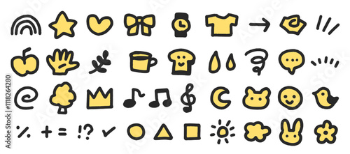 手書きのかわいいイラストアイコンセット。子供向けのアート。白い背景に分離された線画のベクター素材。