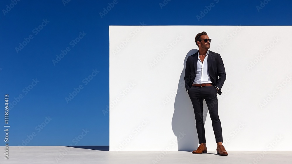 Stylish man in a suit, standing against a white wall, bathed in sunlight, outdoors. Stylish man in a suit, standing against a white wall, bathed in sunlight, outdoors.