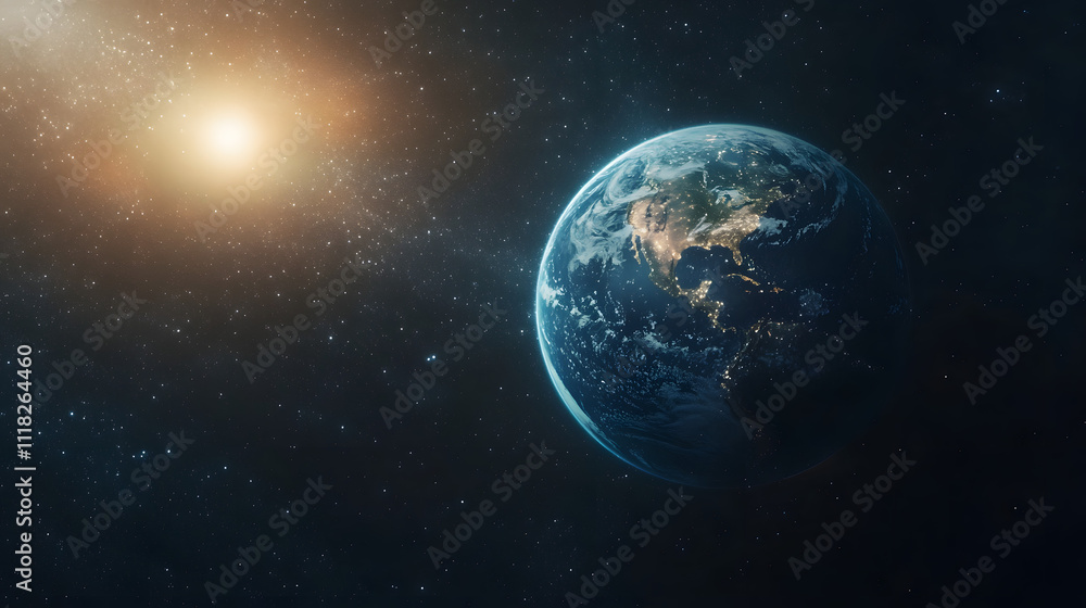 Blue planet viewed from space with sunlight illuminating the surface and stars in the background Blue planet viewed from space with sunlight illuminating the surface and stars in the background