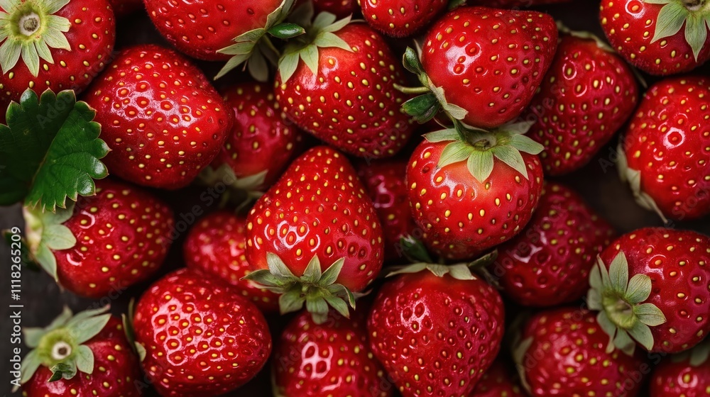 Close up view of juicy red strawberries. Many ripe strawberries are densely packed together. Green leaves are visible around berries. Fresh and healthy food image. Delicious summer fruit. Close up view of juicy red strawberries. Many ripe strawberries are densely packed together. Green leaves are visible around berries. Fresh and healthy food image. Delicious summer fruit.