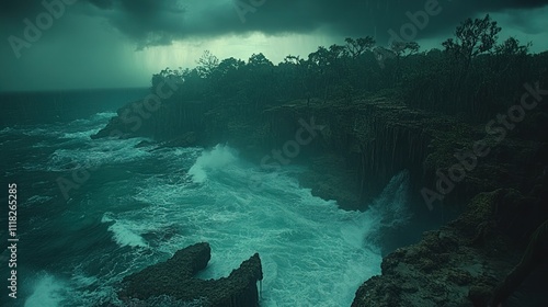 Dramatic coastal landscape with stormy ocean waves crashing against dark cliffs under a brooding sky. Lush foliage clings to the steep terrain.