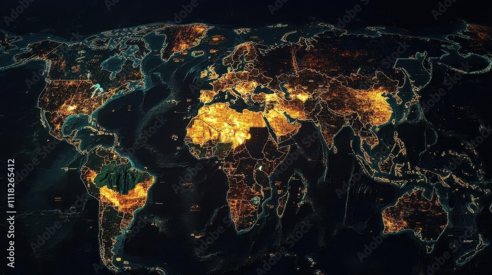 A glowing world map showcasing urban areas at night. A glowing world map showcasing urban areas at night.