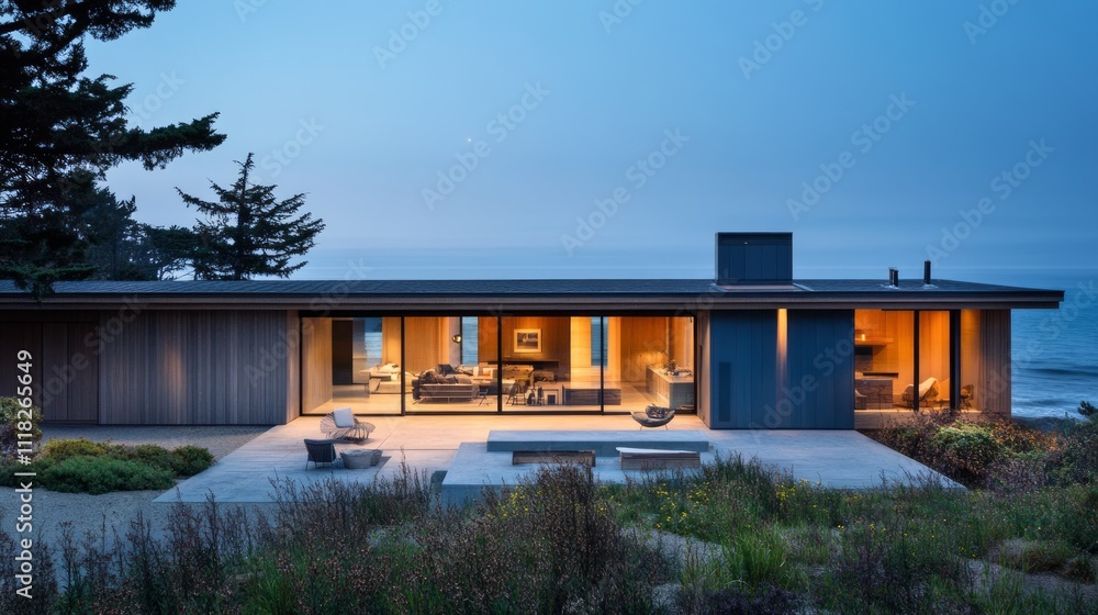 Obraz premium Modern coastal home at dusk, showcasing expansive windows, sleek design, and ocean views.