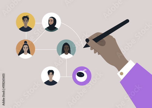 A hand is creating connections between various people illustrated in circular frames, symbolizing collaboration and communication in a vibrant and modern setting