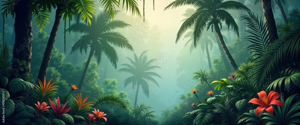 Tropical jungle landscape. Foliage of exotic plants, palm trees. Colorful flowers add vibrancy to misty rainforest. Image evokes feelings of adventure, paradise. Perfect for travel advertising, Tropical jungle landscape. Foliage of exotic plants, palm trees. Colorful flowers add vibrancy to misty rainforest. Image evokes feelings of adventure, paradise. Perfect for travel advertising,