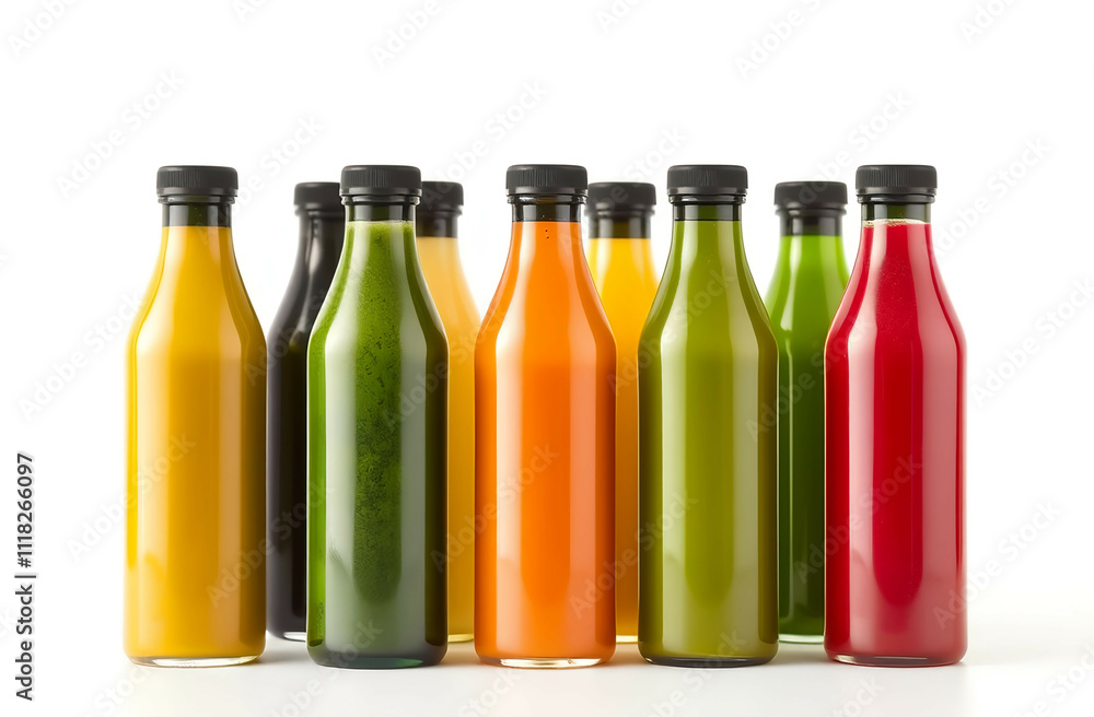 Unleash freshness with unbranded natural juices in sleek bottles, showcasing purity in a minimalist composition on a white background Unleash freshness with unbranded natural juices in sleek bottles, showcasing purity in a minimalist composition on a white background