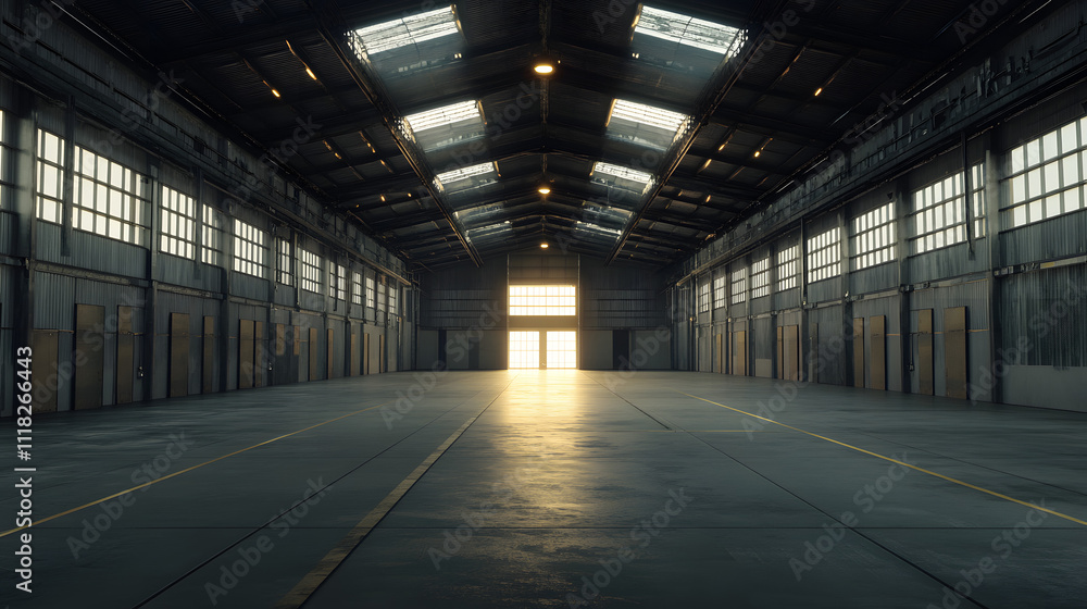 Expansive industrial warehouse with natural light streaming through windows at sunrise Expansive industrial warehouse with natural light streaming through windows at sunrise