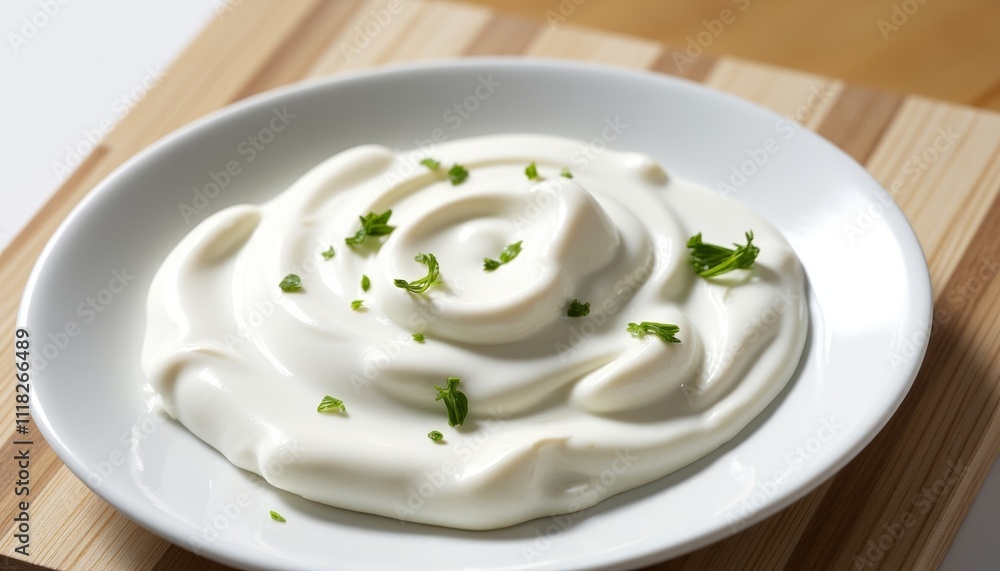 Creamy Yogurt Dip with Fresh Herbs on White Plate Creamy Yogurt Dip with Fresh Herbs on White Plate