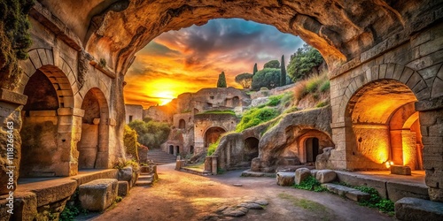 Vintage Sibyl's Cave, Cuma Archaeological Park, Naples, Italy