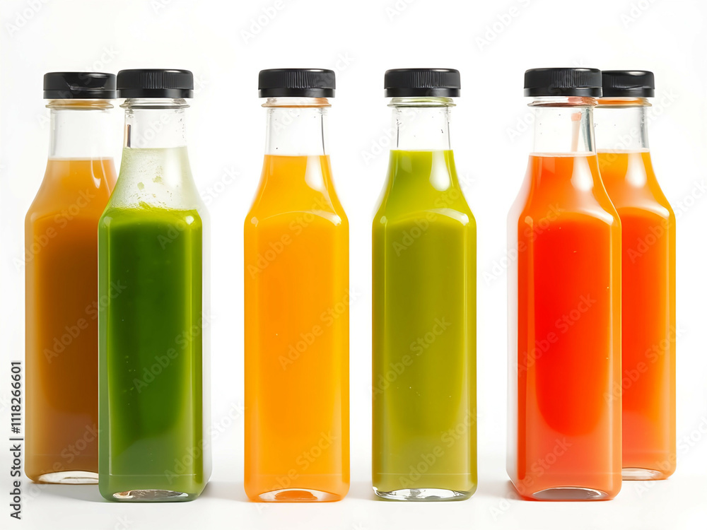 Unleash freshness with unbranded natural juices in sleek bottles, showcasing purity in a minimalist composition on a white background Unleash freshness with unbranded natural juices in sleek bottles, showcasing purity in a minimalist composition on a white background