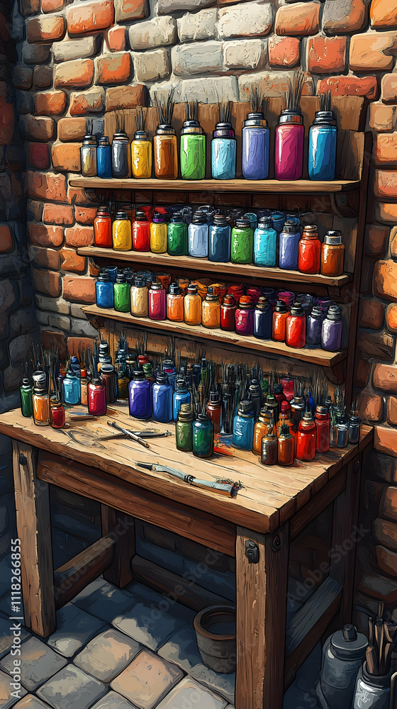 Colorful paint bottles on wooden shelves and table against a brick wall. Colorful paint bottles on wooden shelves and table against a brick wall.