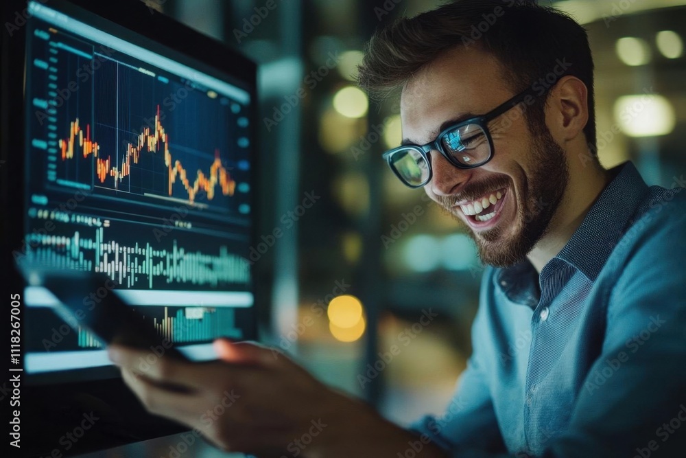 A man smiling while analyzing data on a computer screen at night. A man smiling while analyzing data on a computer screen at night.
