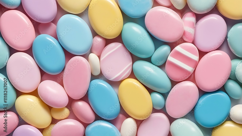 Flat Lay of Pastel-Colored Oval Candies in Vibrant Seamless Pattern Flat Lay of Pastel-Colored Oval Candies in Vibrant Seamless Pattern