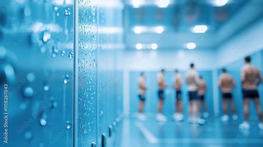 A blurred gym locker room scene featuring individuals in shorts, with droplets on glass lockers creating a cool, modern atmosphere. A blurred gym locker room scene featuring individuals in shorts, with droplets on glass lockers creating a cool, modern atmosphere.