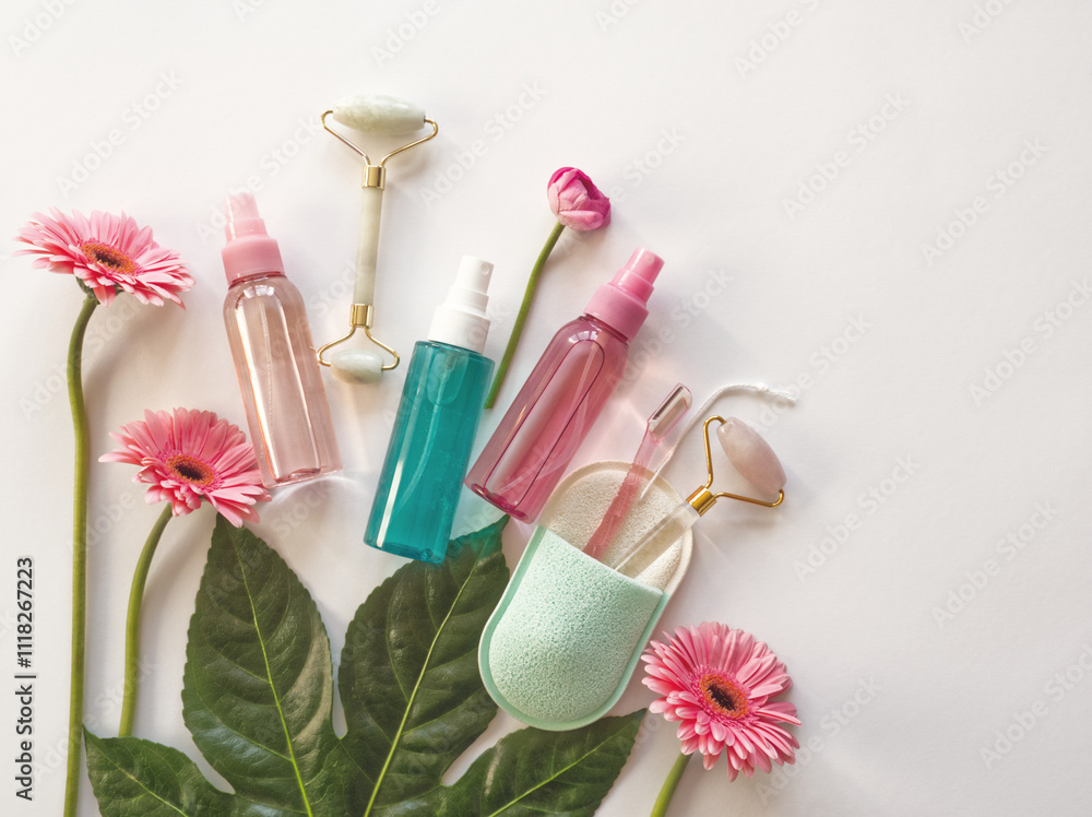 Cosmetic layout. Cosmetics branding mockups: container for tonic or lotion, face roller, sponge on white background. Nature product. Face care concept. Home spa and bath utensils. Pink aesthetic. Cosmetic layout. Cosmetics branding mockups: container for tonic or lotion, face roller, sponge on white background. Nature product. Face care concept. Home spa and bath utensils. Pink aesthetic.