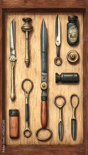 Antique tools displayed in a wooden box.