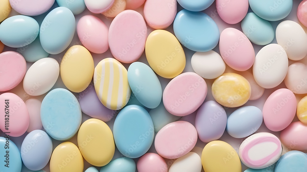 Flat Lay of Pastel-Colored Oval Candies in Vibrant Seamless Pattern Flat Lay of Pastel-Colored Oval Candies in Vibrant Seamless Pattern