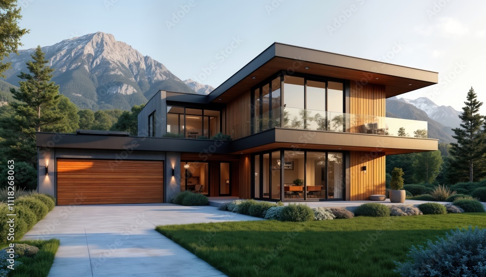 Modern luxurious home exterior with wooden facade, stunning mountain views. Illuminated windows showcase spacious interior during twilight. Large porch with swimming pool, rich landscaping provides Modern luxurious home exterior with wooden facade, stunning mountain views. Illuminated windows showcase spacious interior during twilight. Large porch with swimming pool, rich landscaping provides