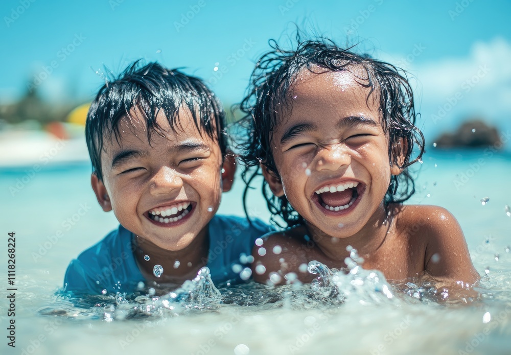 two happy children playing in the water at a beach, wearing blue shirts, in clean and clear shallow waters on an island beach with a distant mountain backdrop two happy children playing in the water at a beach, wearing blue shirts, in clean and clear shallow waters on an island beach with a distant mountain backdrop